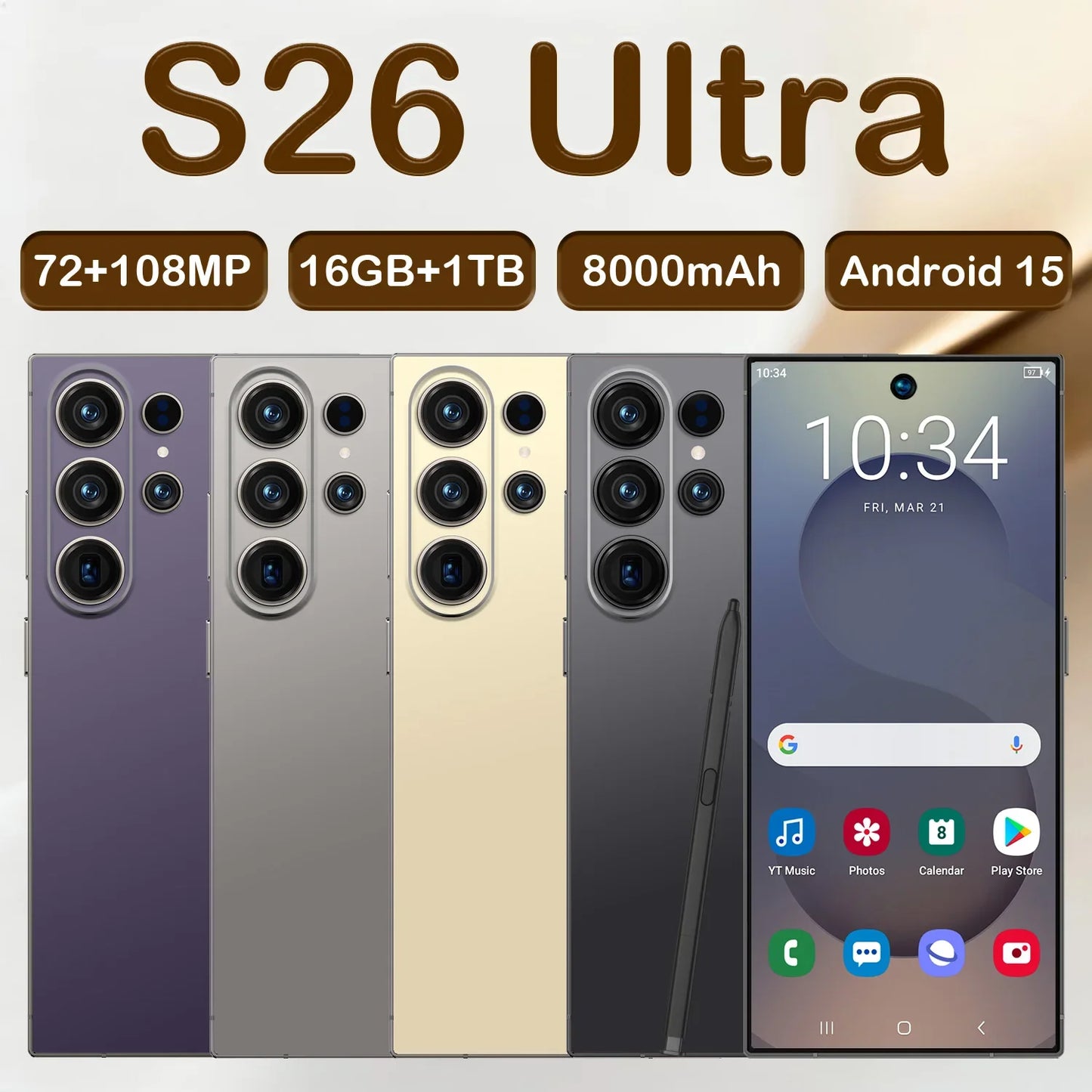 2026 Brand New S26 Ultra 5G Smartphone Octa Core 108MP Rear Camera HD Display 120Hz Large Battery Dual SIM CDMA/LTE Spanish