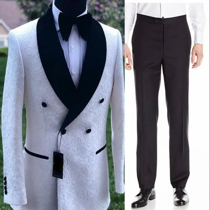 White Pattern Groom Tuxedos Shawl Satin Lapel Men Suits 2 Pieces Wedding Bridegroom (Jacket + Pants + Tie)