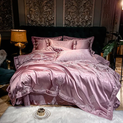 Soft Satin Jacquard Cotton Bedding Set, Luxury Duvet Cover, Blue, Gold, Gray, Queen, King Bed Sheet, Pillowcases, Home Textiles