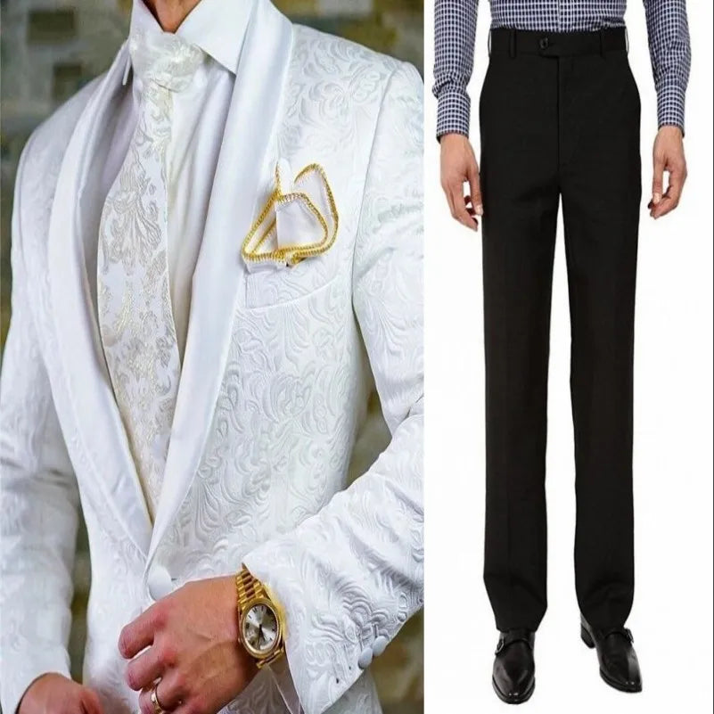 White Pattern Groom Tuxedos Shawl Satin Lapel Men Suits 2 Pieces Wedding Bridegroom ( Jacket + Pants + Tie  )