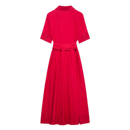 Women's Spring and Summer Classic Light Luxury Belted Shirt Collar Short-Sleeve Poplin Dress