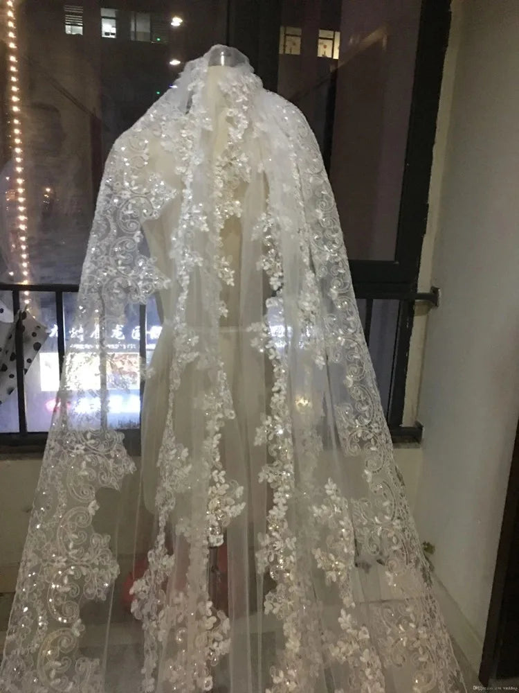 Luxury shiny sequins bridal church veil lace edge 1-layer metal comb 5 meters long