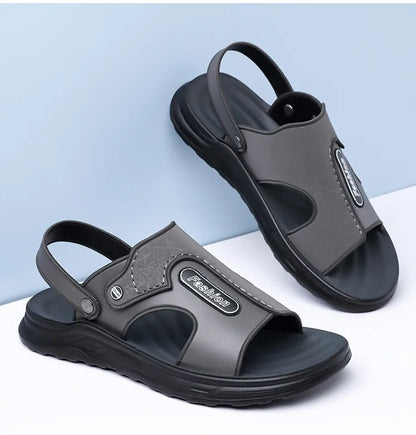 Xuanhui Men's Durable Non-Slip Flat Heel Sandals Thick Sole Breathable PU Insole Summer Beach Shoes