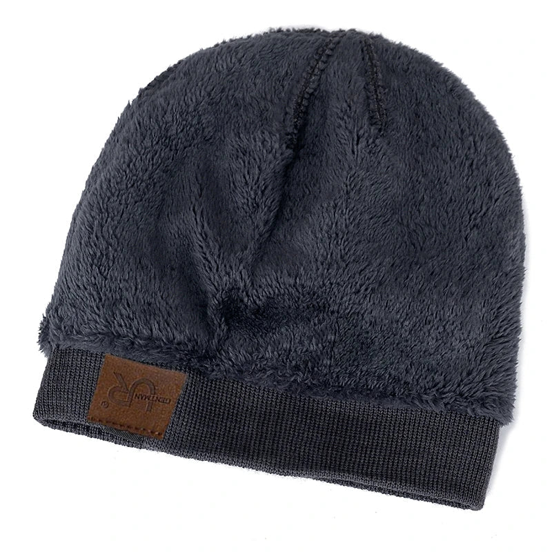 Unisex Solid Color Knitted Hats For Men & Women Beanie Cap Fur Warm Lining