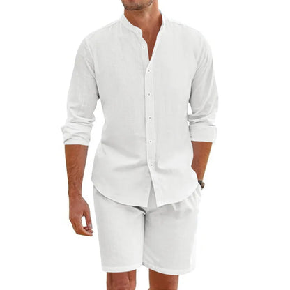 Summer Men's Beaded Loose Casual Linen Breathable Hawaiian Simple Long Sleeve Shirt Beach Shorts Set