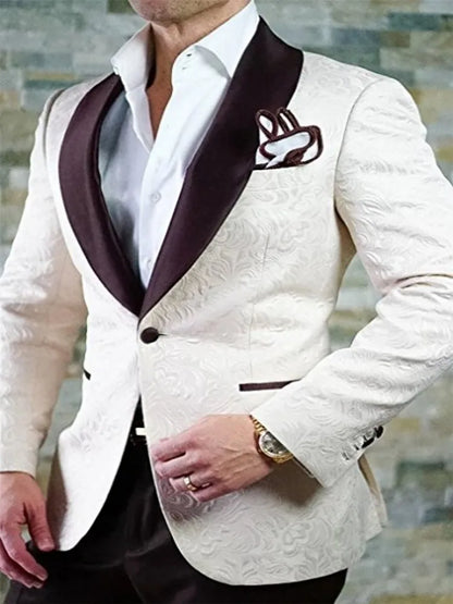 White Pattern Groom Tuxedos Shawl Satin Lapel Men Suits 2 Pieces Wedding Bridegroom ( Jacket + Pants + Tie  )