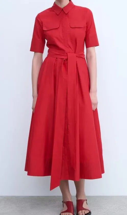 Women's Spring and Summer Classic Light Luxury Belted Shirt Collar Short-Sleeve Poplin Dress