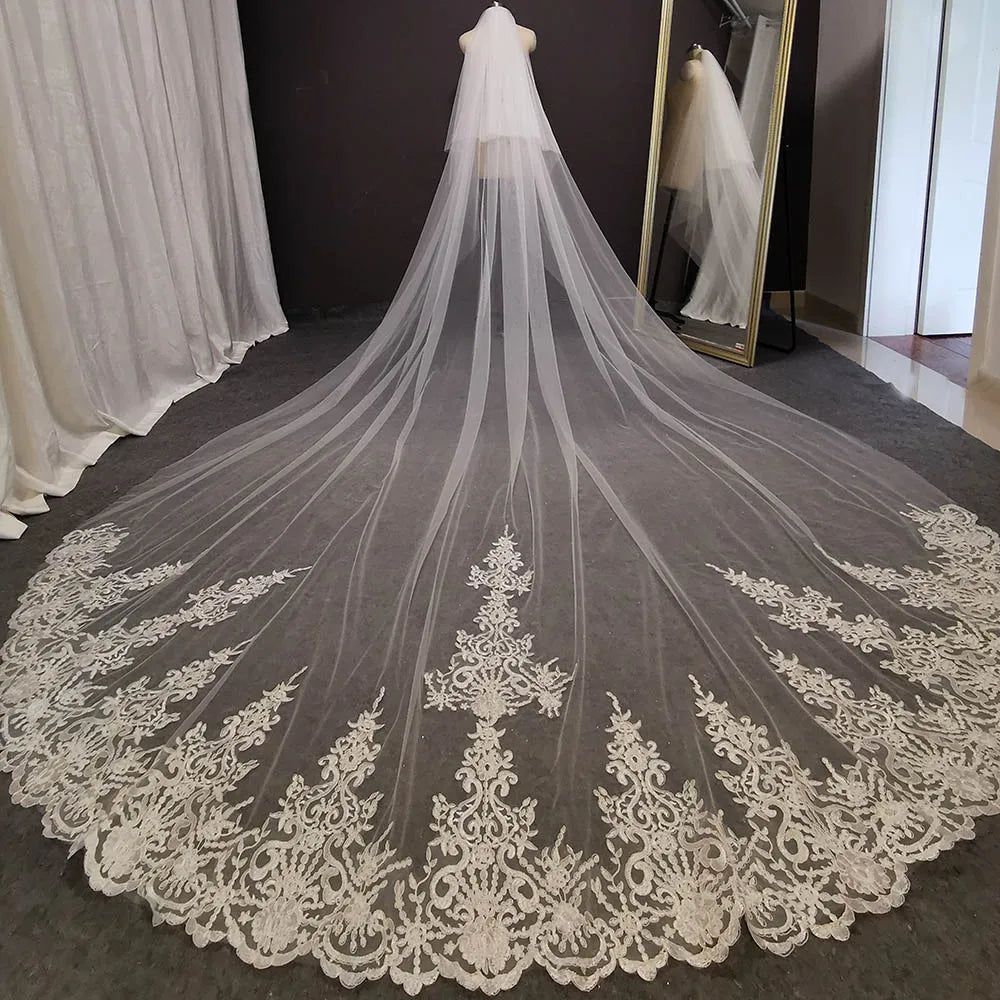 Long Lace Wedding Veil 4 Meters White Ivory Bridal Veil with Comb Blusher