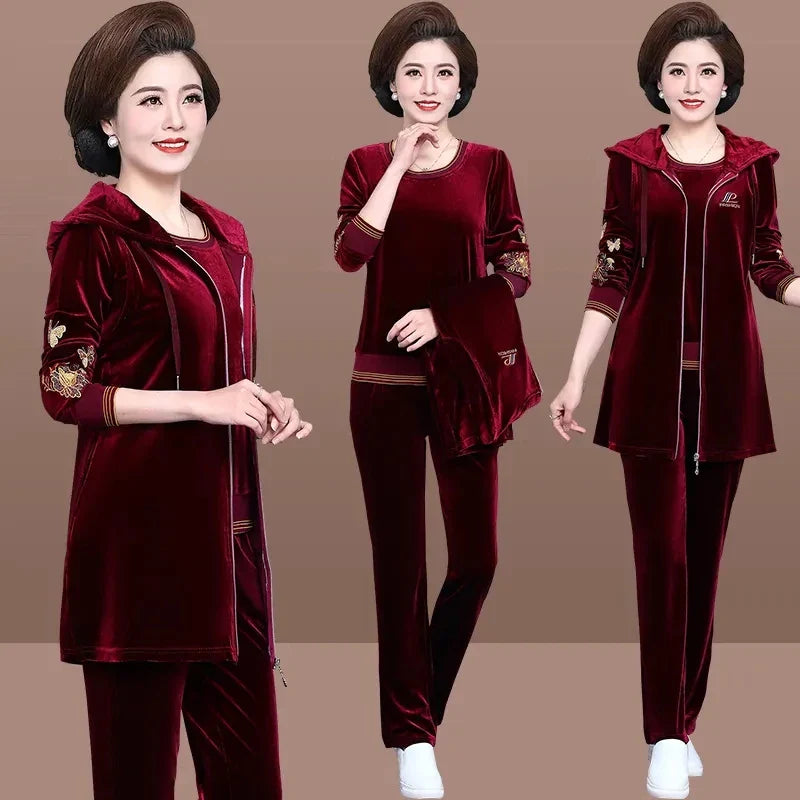 Women Velvet Tracksuit Embroidered Plus Size 3 Piece Outfit