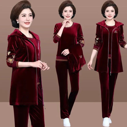 Women Velvet Tracksuit Embroidered Plus Size 3 Piece Outfit