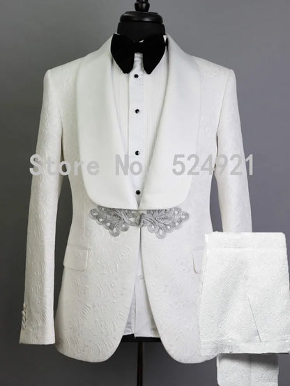 White Pattern Groom Tuxedos Shawl Satin Lapel Men Suits 2 Pieces Wedding Bridegroom (Jacket + Pants + Tie)
