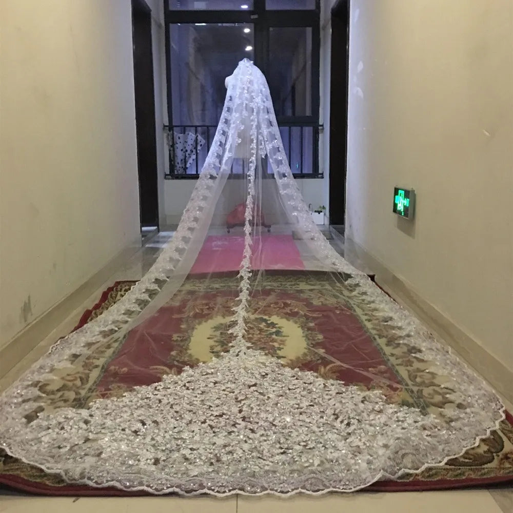 Luxury shiny sequins bridal church veil lace edge 1-layer metal comb 5 meters long