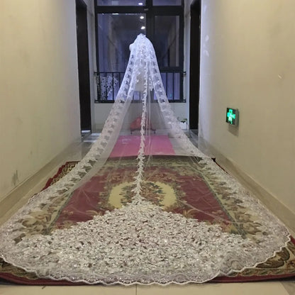 Luxury shiny sequins bridal church veil lace edge 1-layer metal comb 5 meters long
