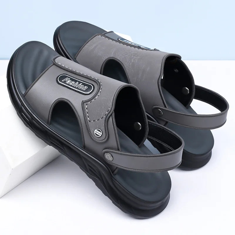 Xuanhui Men's Durable Non-Slip Flat Heel Sandals Thick Sole Breathable PU Insole Summer Beach Shoes