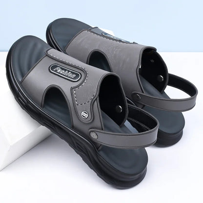 Xuanhui Men's Durable Non-Slip Flat Heel Sandals Thick Sole Breathable PU Insole Summer Beach Shoes