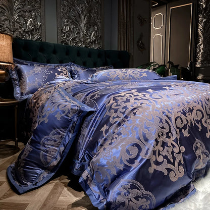 Soft Satin Jacquard Cotton Bedding Set, Luxury Duvet Cover, Blue, Gold, Gray, Queen, King Bed Sheet, Pillowcases, Home Textiles
