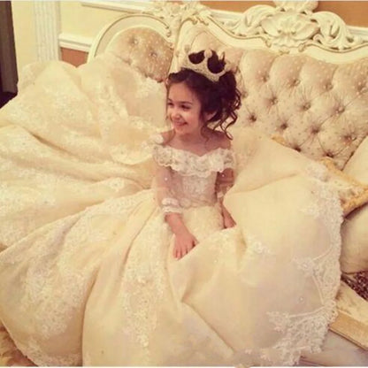 Elegant Toddler Full Sleeves Princes Gown Lace Flower Girl Dresses Sheer Flower Girl First Communion Princess Pageant