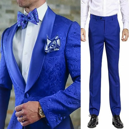 White Pattern Groom Tuxedos Shawl Satin Lapel Men Suits 2 Pieces Wedding Bridegroom ( Jacket + Pants + Tie  )