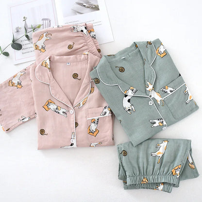 Japanese spring and autumn couples cotton gauze pajamas suit men Women cotton four seasons long-sleeved trousers