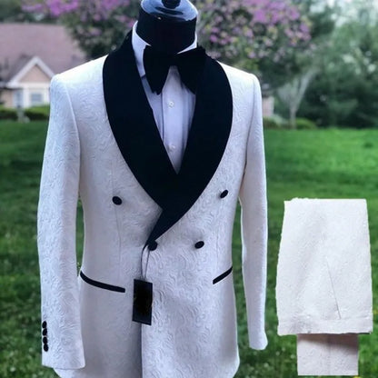 White Pattern Groom Tuxedos Shawl Satin Lapel Men Suits 2 Pieces Wedding Bridegroom ( Jacket + Pants + Tie  )