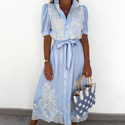 Elegant Embroidered Women Maxi Dress Chic Lapel Long Sleeve High Waist Lace Up Dresses