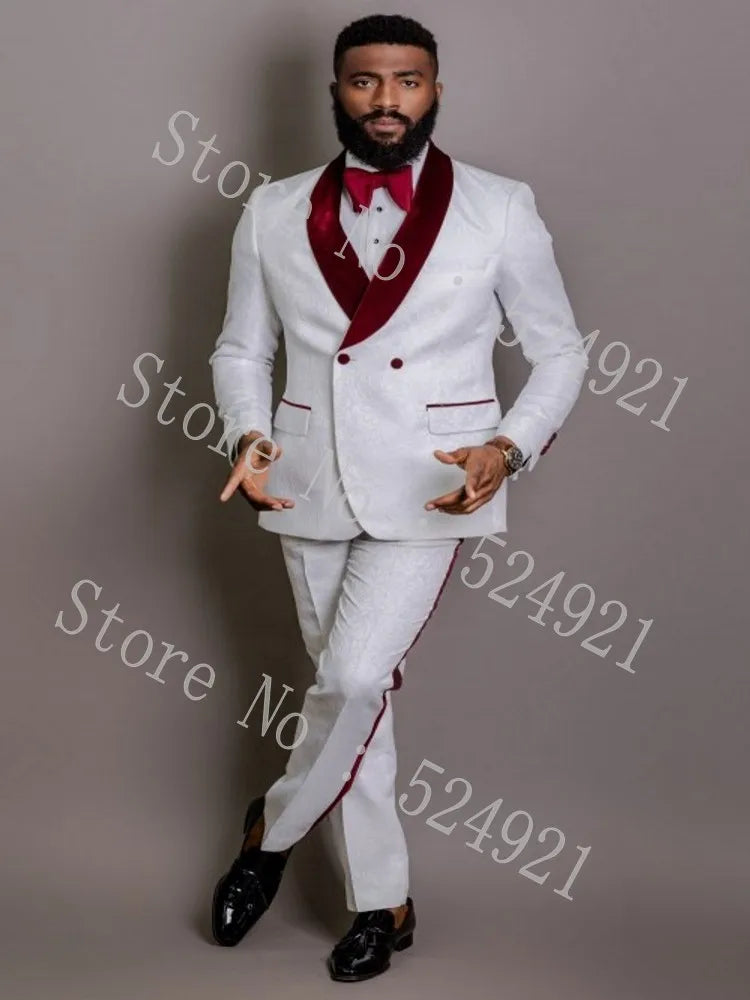 White Pattern Groom Tuxedos Shawl Satin Lapel Men Suits 2 Pieces Wedding Bridegroom (Jacket + Pants + Tie)
