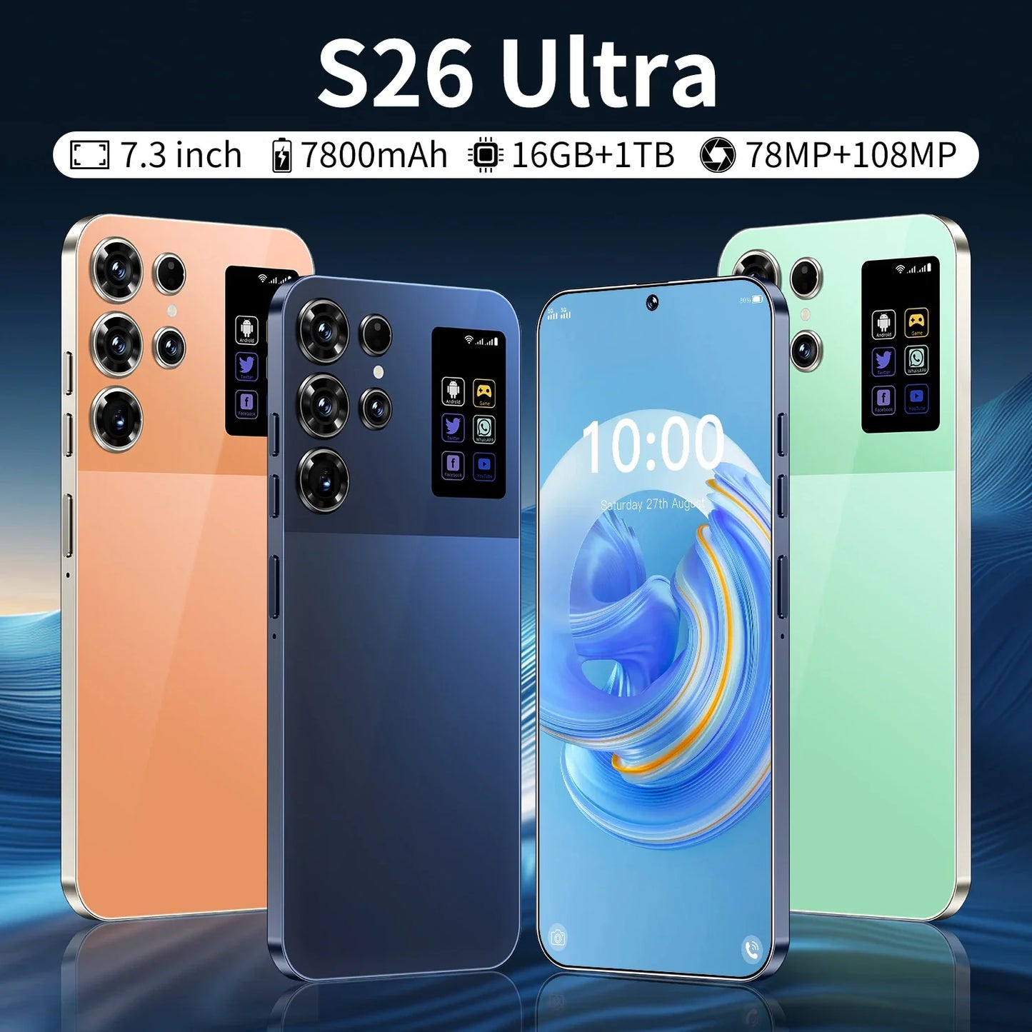 S26 Ultra Android 15 5G Smartphone High Quality 7.3 Inch HD Face ID Deca core Gaming Mobile Phone 16GB+1TB Factory Direct