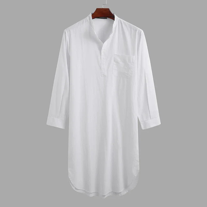 Men's Comfortable Cotton Button-down Sleep Robe Solid Color Stand Neck Long Sleeve Nightgown