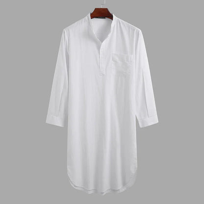 Men's Comfortable Cotton Button-down Sleep Robe Solid Color Stand Neck Long Sleeve Nightgown