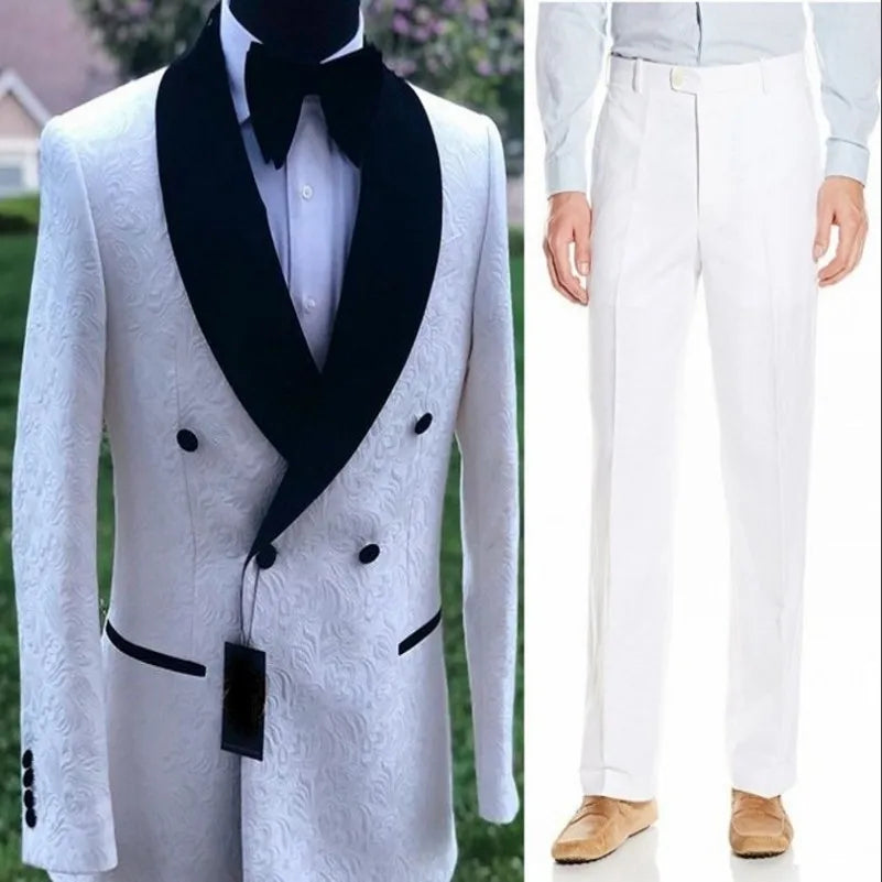 White Pattern Groom Tuxedos Shawl Satin Lapel Men Suits 2 Pieces Wedding Bridegroom ( Jacket + Pants + Tie  )
