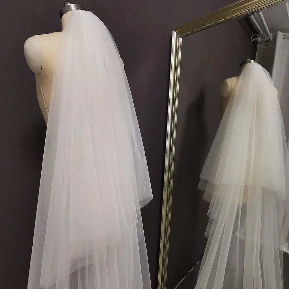 Long Lace Wedding Veil 4 Meters White Ivory Bridal Veil with Comb Blusher