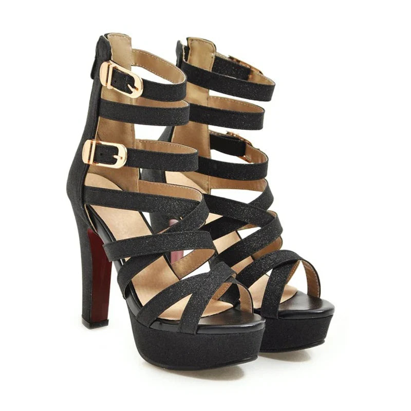Plus Size 48 Women Sandals Pumps Fashion Peep Toe 12cm High Heels Sexy Back Zip Platform Sandals C-5