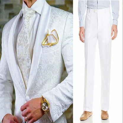 White Pattern Groom Tuxedos Shawl Satin Lapel Men Suits 2 Pieces Wedding Bridegroom (Jacket + Pants + Tie)