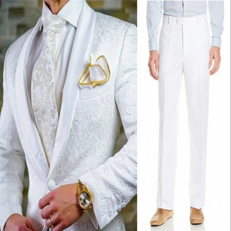 White Pattern Groom Tuxedos Shawl Satin Lapel Men Suits 2 Pieces Wedding Bridegroom ( Jacket + Pants + Tie  )