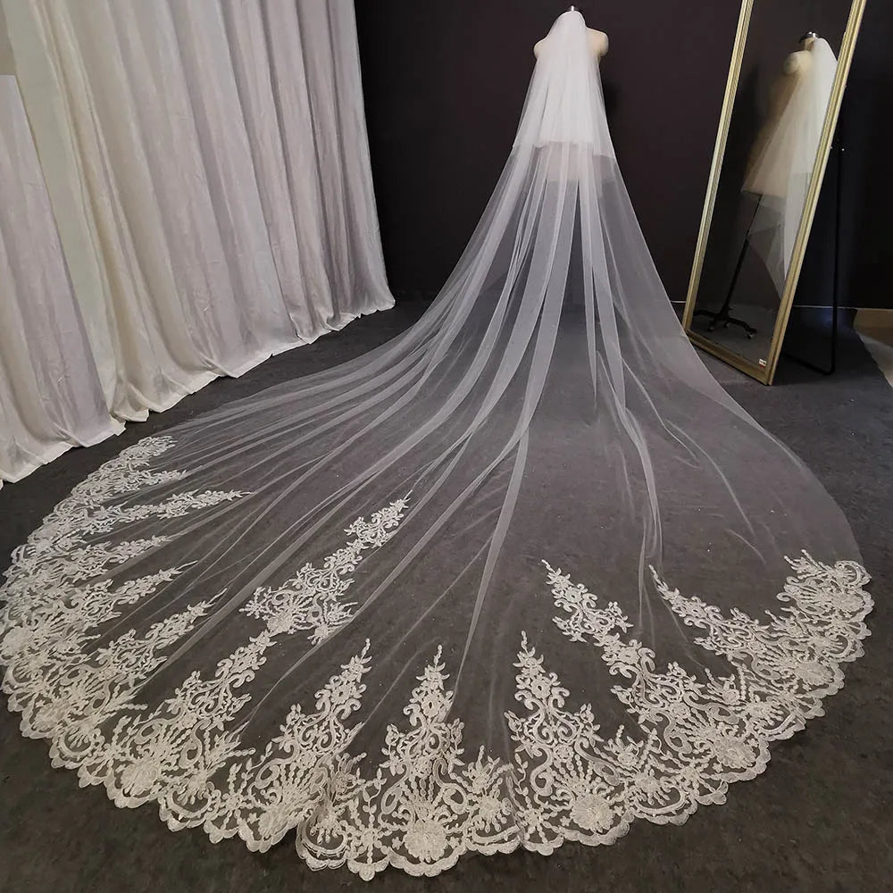 Long Lace Wedding Veil 4 Meters White Ivory Bridal Veil with Comb Blusher