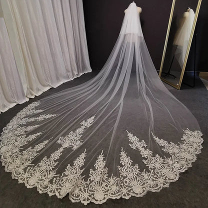 Long Lace Wedding Veil 4 Meters White Ivory Bridal Veil with Comb Blusher