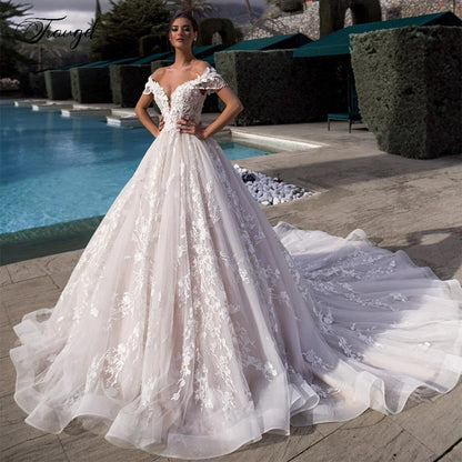 Customized Off The Shoulder A Line Lace Wedding Dresses Cathedral Train Plus Size
