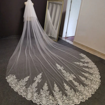 Long Lace Wedding Veil 4 Meters White Ivory Bridal Veil with Comb Blusher