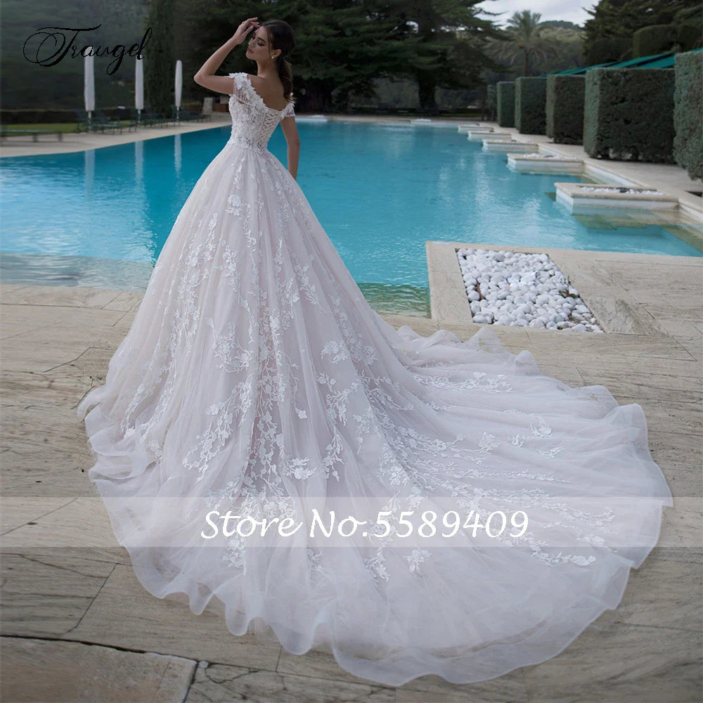 Customized Off The Shoulder A Line Lace Wedding Dresses Cathedral Train Plus Size