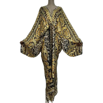 Sexy Silk Long Maxi Robe Women V-neck Bohemian Dress