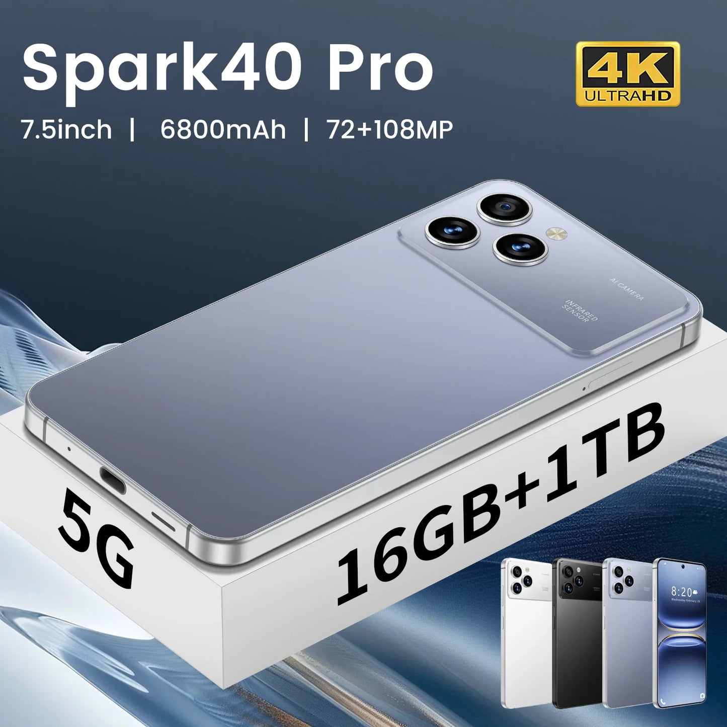 New Spark40 Pro 7.3 Inch Android 14 5G Deca Core 108MP HD LCD Dual SIM 16GB+1TB Smartphone