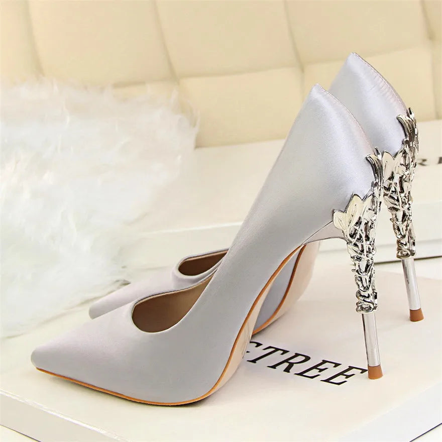 Elegant Metal Carved Heel Women Pumps Solid Silk Pointed Toe High Heels 10cm