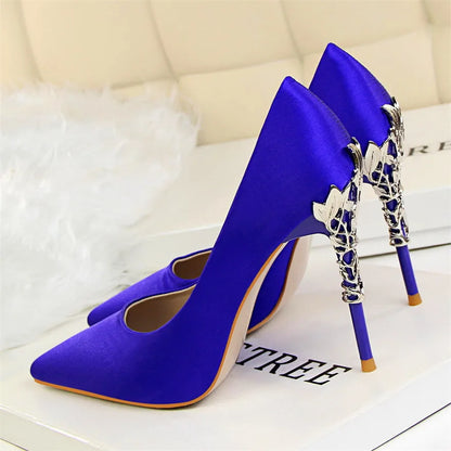 Elegant Metal Carved Heel Women Pumps Solid Silk Pointed Toe High Heels 10cm