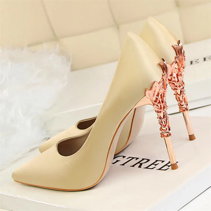 Elegant Metal Carved Heel Women Pumps Solid Silk Pointed Toe High Heels 10cm