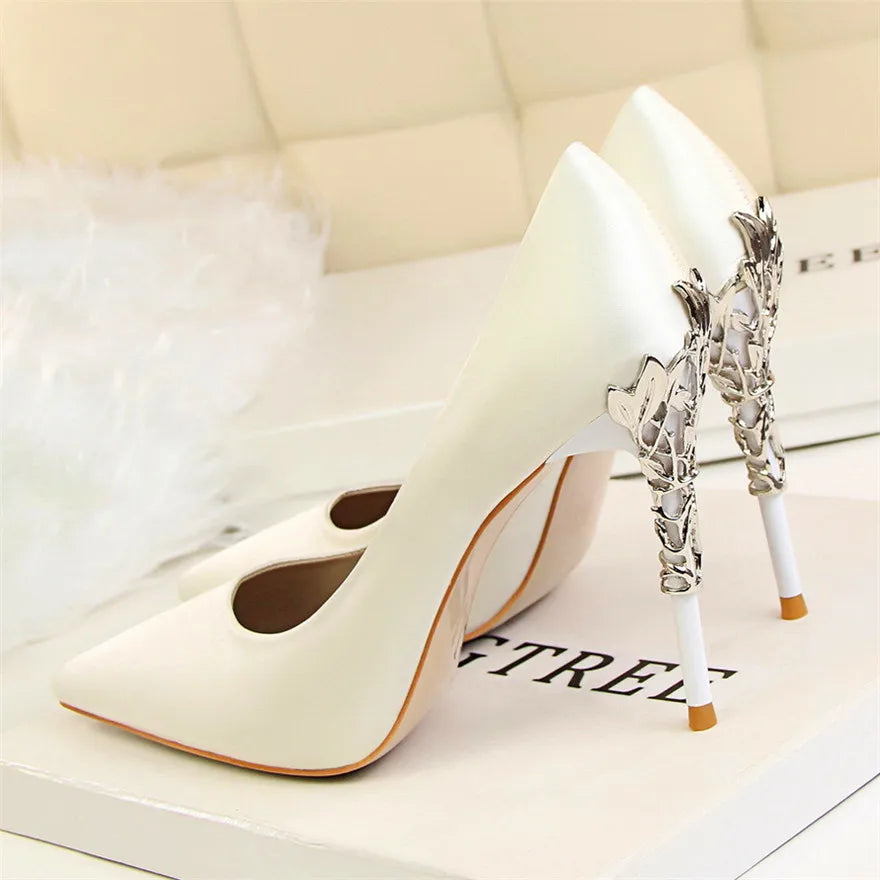 Elegant Metal Carved Heel Women Pumps Solid Silk Pointed Toe High Heels 10cm