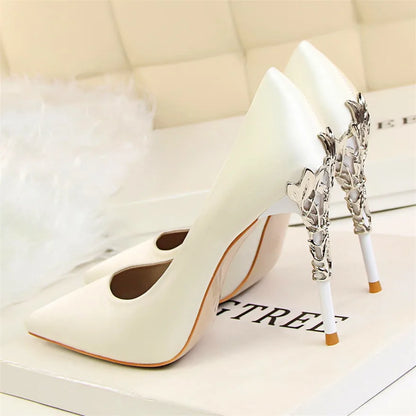 Elegant Metal Carved Heel Women Pumps Solid Silk Pointed Toe High Heels 10cm