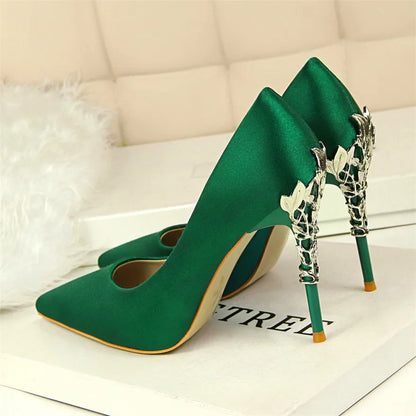 Elegant Metal Carved Heel Women Pumps Solid Silk Pointed Toe High Heels 10cm