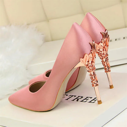 Elegant Metal Carved Heel Women Pumps Solid Silk Pointed Toe High Heels 10cm