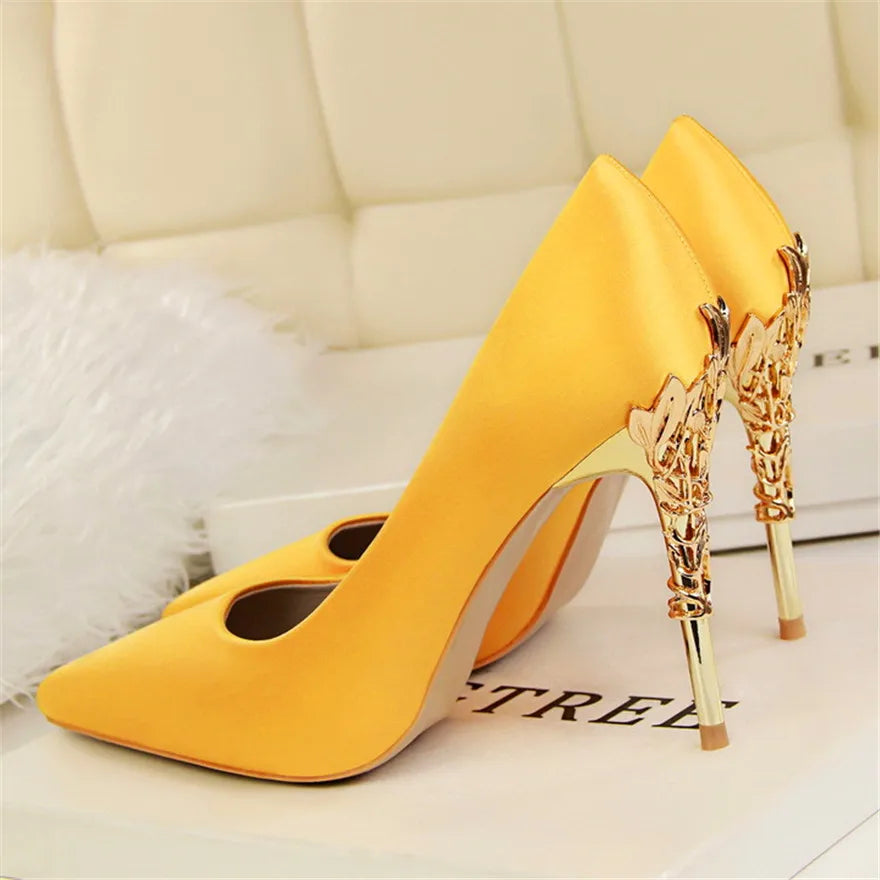 Elegant Metal Carved Heel Women Pumps Solid Silk Pointed Toe High Heels 10cm