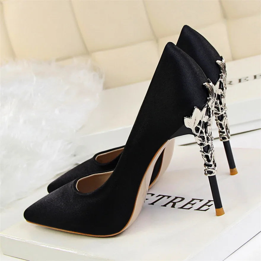 Elegant Metal Carved Heel Women Pumps Solid Silk Pointed Toe High Heels 10cm
